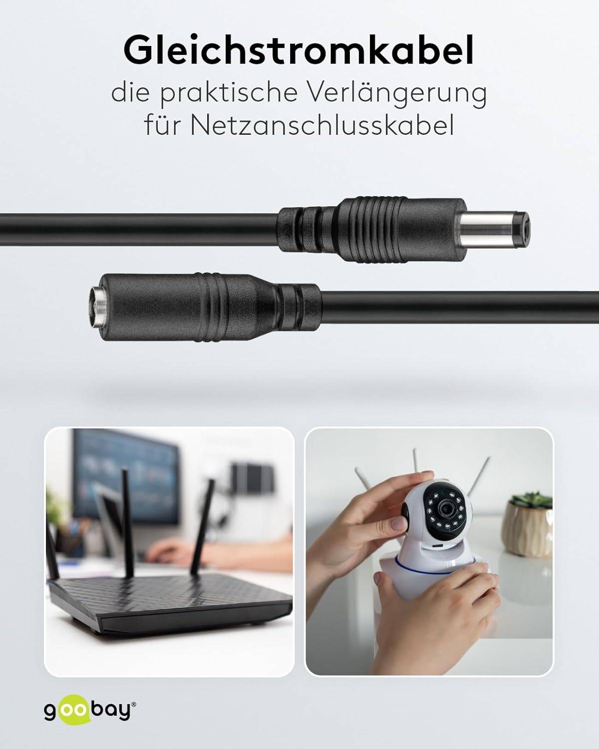 Goobay 71400 DC Netzkabel Verlängerungskabel 12V Netzteil DC-Stecker auf DC-Buchse 5,50 x 2,10 mm Stromkabel Schwarz 10m