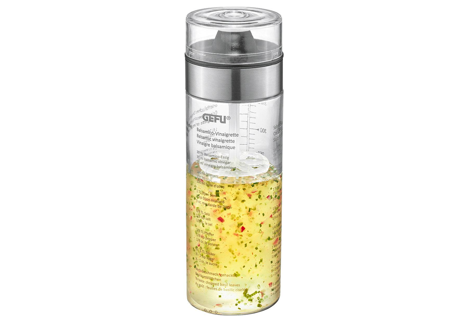 GEFU Dressing-Shaker Mix – Mixbecher für Salatsaucen, Glasflasche, aufgedruckte Rezepte,