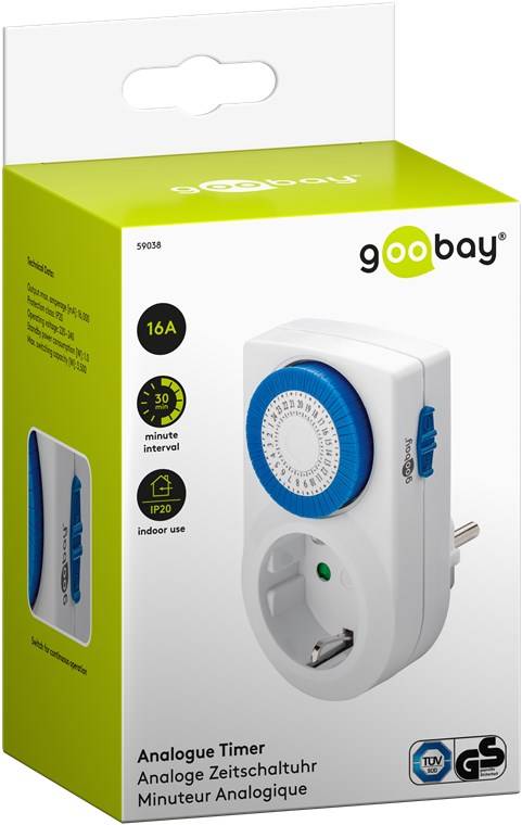 Goobay 59038 Analoge Zeitschaltuhr 3500W / Mechanische Schaltuhr für Steckdose / 30 Min Takt / Schalter für Dauerbetrieb