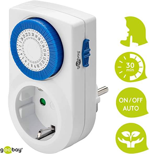 Goobay 59038 Analoge Zeitschaltuhr 3500W / Mechanische Schaltuhr für Steckdose / 30 Min Takt / Schalter für Dauerbetrieb