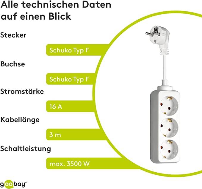 Goobay 51075 Steckdosenleiste mit 45° Steckplätzen, 3500 W, 3er Mehrfachsteckdose, 3 fach Steckdose, 3.0 m Kabel, Weiß