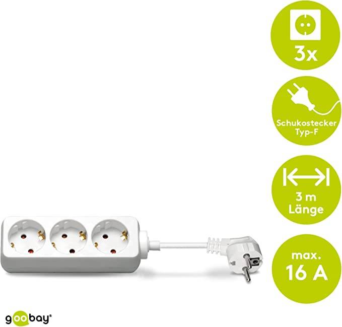 Goobay 51075 Steckdosenleiste mit 45° Steckplätzen, 3500 W, 3er Mehrfachsteckdose, 3 fach Steckdose, 3.0 m Kabel, Weiß