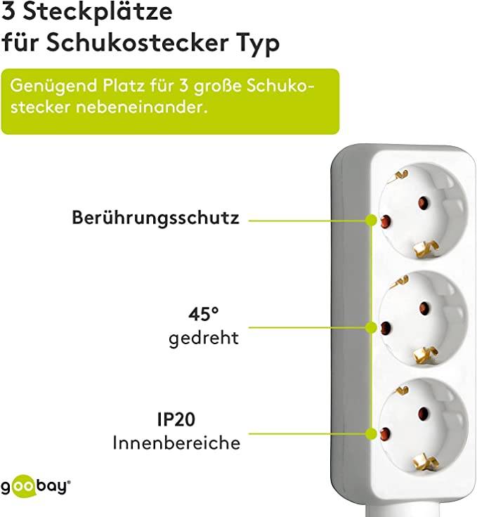 Goobay 51075 Steckdosenleiste mit 45° Steckplätzen, 3500 W, 3er Mehrfachsteckdose, 3 fach Steckdose, 3.0 m Kabel, Weiß