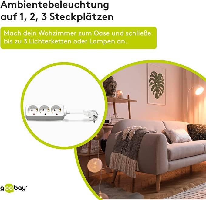 Goobay 51075 Steckdosenleiste mit 45° Steckplätzen, 3500 W, 3er Mehrfachsteckdose, 3 fach Steckdose, 3.0 m Kabel, Weiß