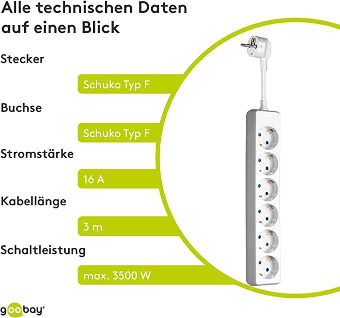 Goobay 51079 Steckdosenleiste mit 45° Steckplätzen, 3500 W, 6er Mehrfachsteckdose 6 fach Steckdose, 3.0 m Kabel, Weiß