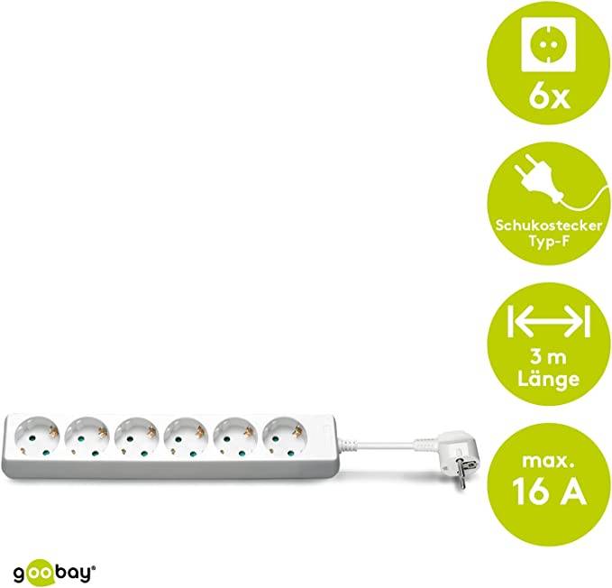 Goobay 51079 Steckdosenleiste mit 45° Steckplätzen, 3500 W, 6er Mehrfachsteckdose 6 fach Steckdose, 3.0 m Kabel, Weiß