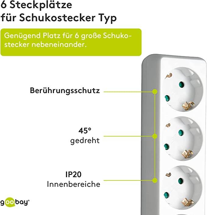 Goobay 51079 Steckdosenleiste mit 45° Steckplätzen, 3500 W, 6er Mehrfachsteckdose 6 fach Steckdose, 3.0 m Kabel, Weiß