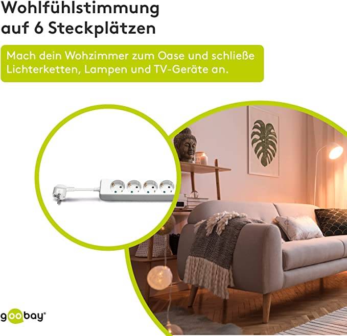 Goobay 51079 Steckdosenleiste mit 45° Steckplätzen, 3500 W, 6er Mehrfachsteckdose 6 fach Steckdose, 3.0 m Kabel, Weiß