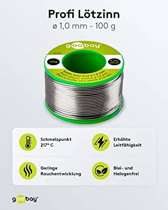 Goobay 51122 Lötzinn bleifrei ø 1,0 mm Lötdraht Flussmittel / 3,5 % Silber / 217 °C Schmelzpunkt bleifreies Löten 100g