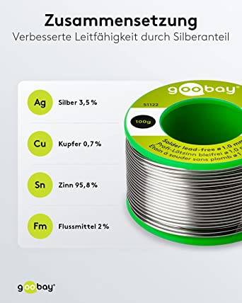 Goobay 51122 Lötzinn bleifrei ø 1,0 mm Lötdraht Flussmittel / 3,5 % Silber / 217 °C Schmelzpunkt bleifreies Löten 100g