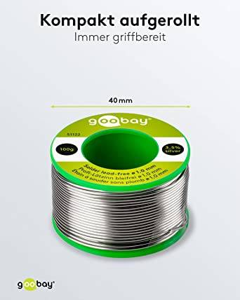 Goobay 51122 Lötzinn bleifrei ø 1,0 mm Lötdraht Flussmittel / 3,5 % Silber / 217 °C Schmelzpunkt bleifreies Löten 100g