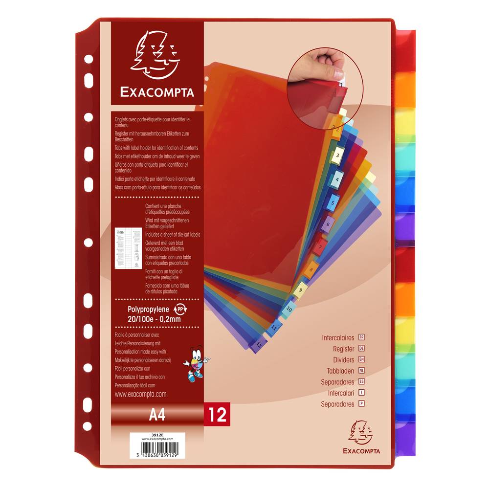 Exacompta 10x Register PP transluzent 200µ, 12-teilig, für DIN A4 - 3912E