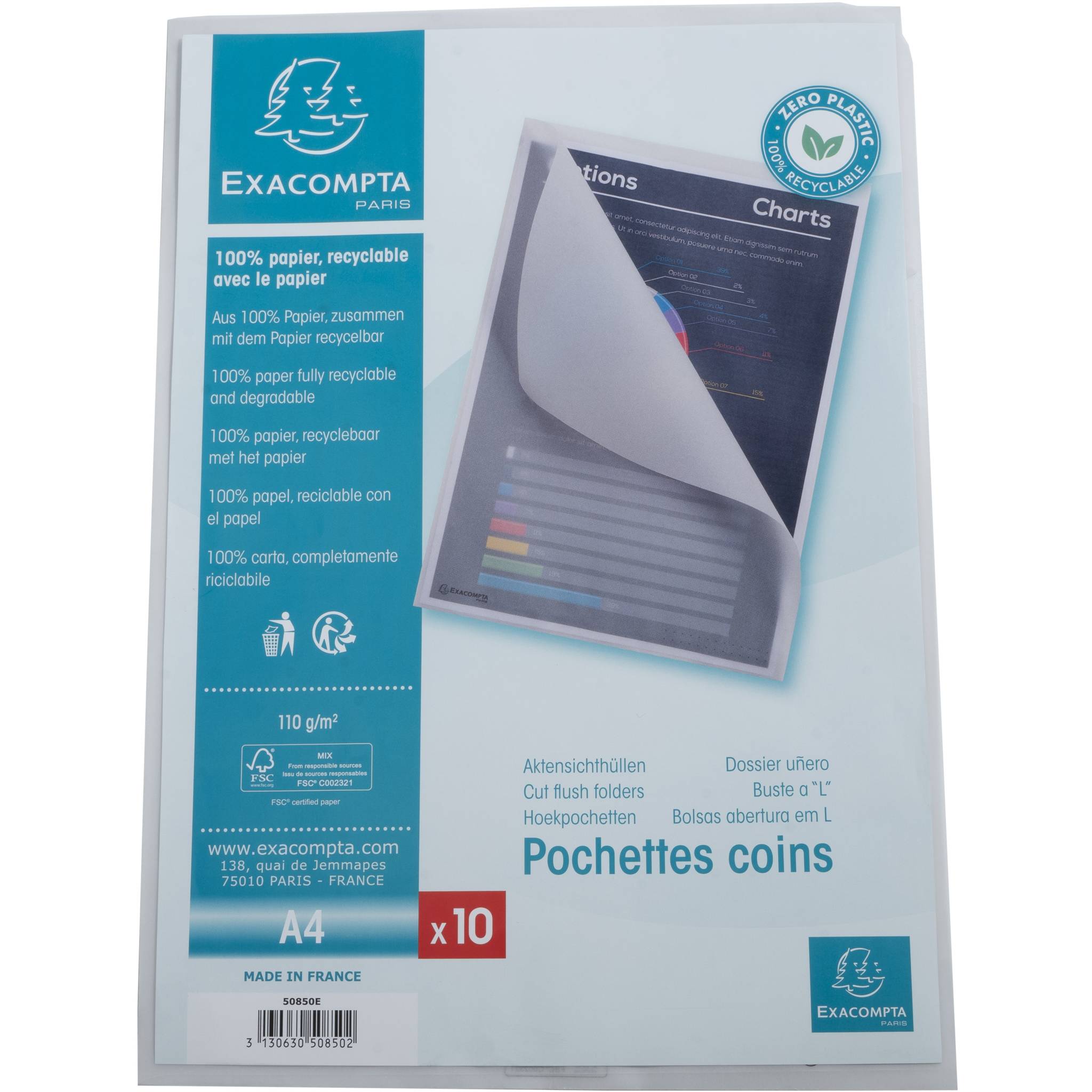 Exacompta 10x Pack 50 Aktensichthüllen A4 Papier 110g/m2 Transparent weiß 50850E