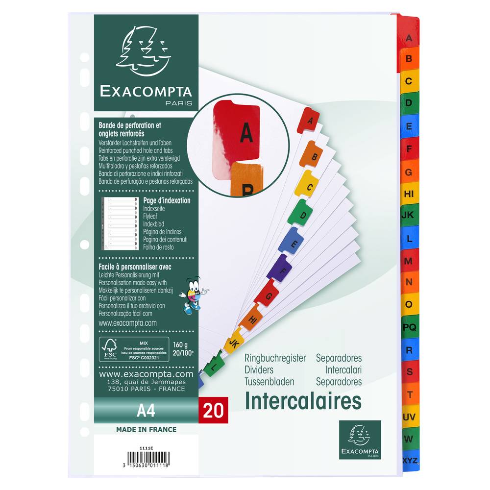 Exacompta 10x Register numerisch Karton 160g/qm 20 Taben A-Z A4 Weiß 1111E