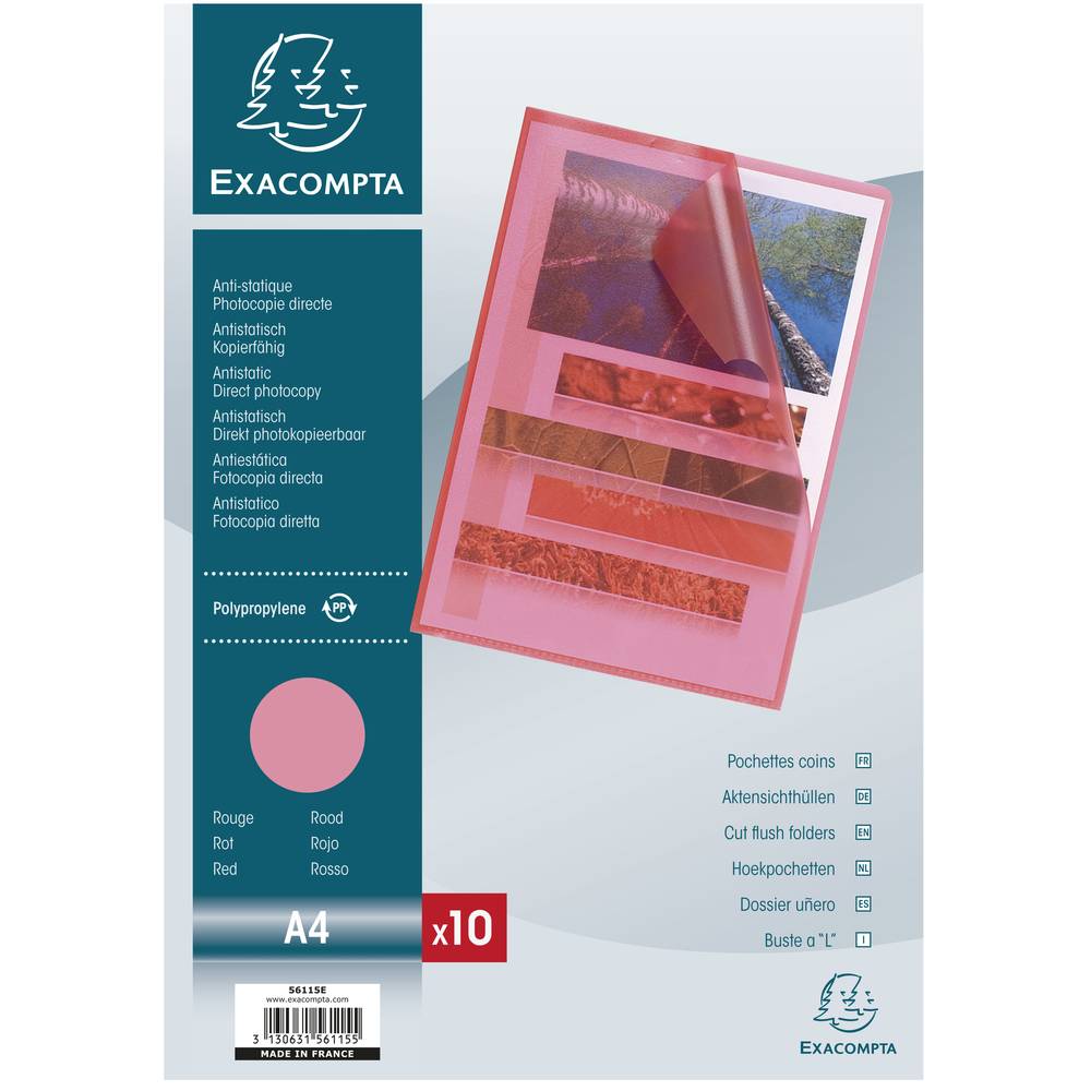 Exacompta 10x Pack 10 Aktensichthüllen genarbtem PP 120µ, A4, Rot, 56115E