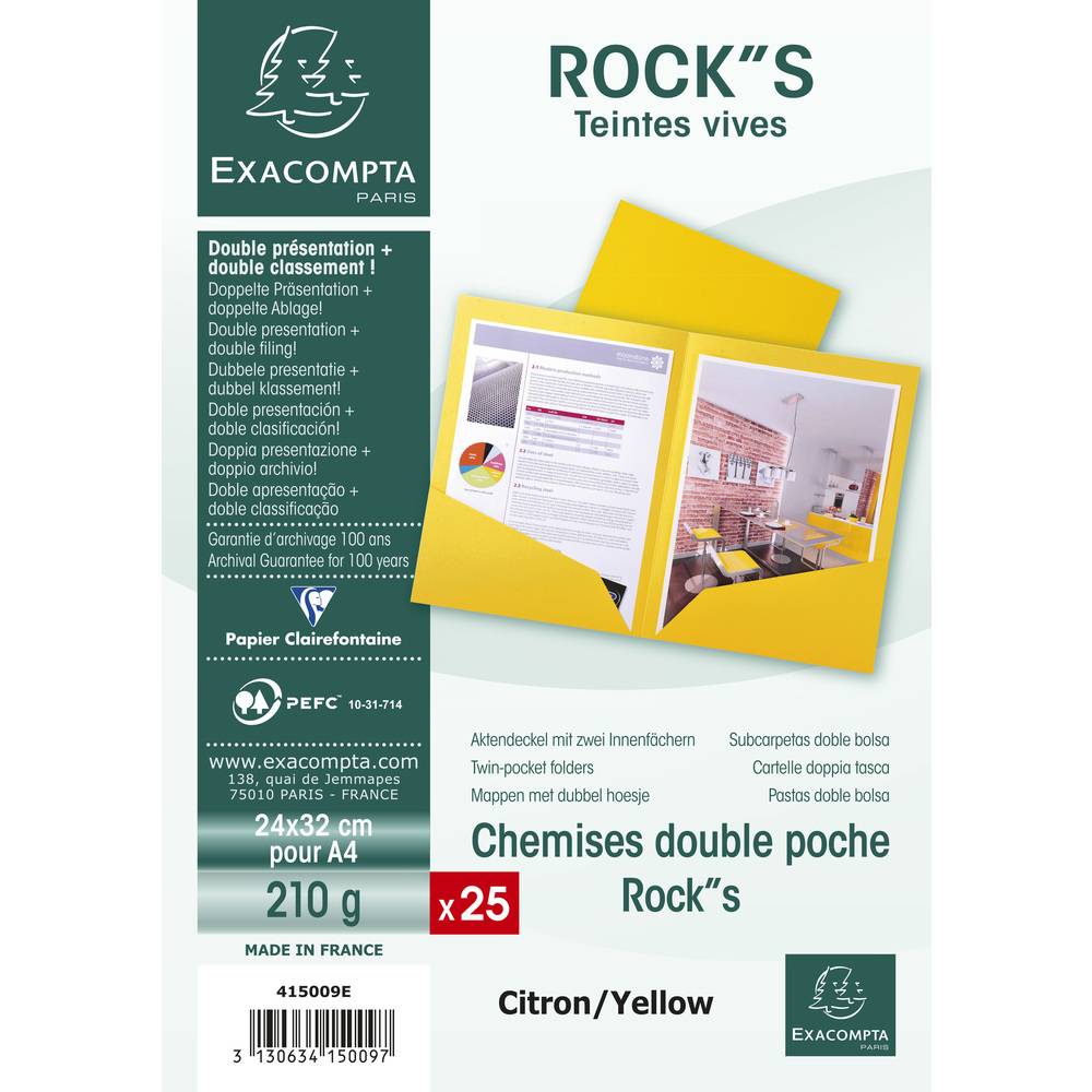 Exacompta 10x 25 Aktenmappe, 2 Innenfächer, A4 oder A3, Zitrusgelb, 415009E