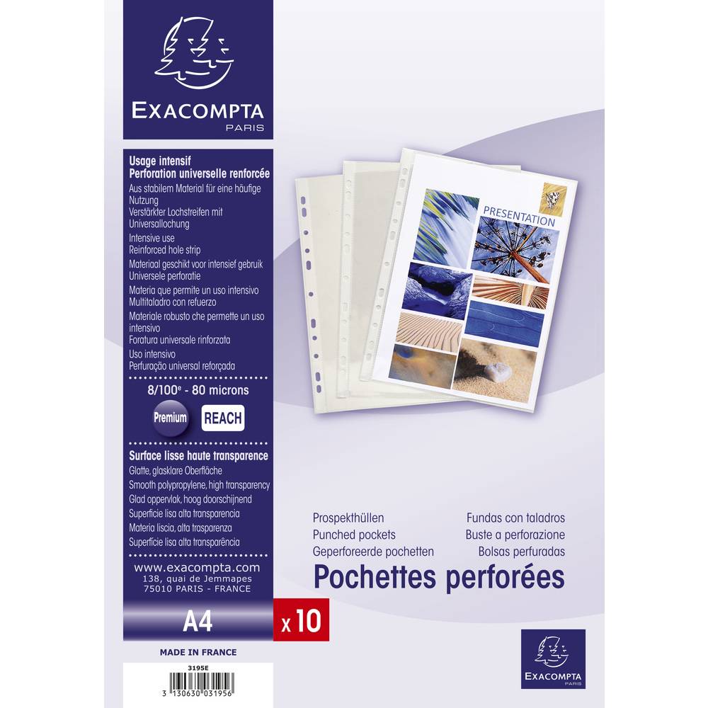 Exacompta 10x 10 Prospekthüllen gelocht glattem PVC 80µ A4 hoch Kristall 3195E