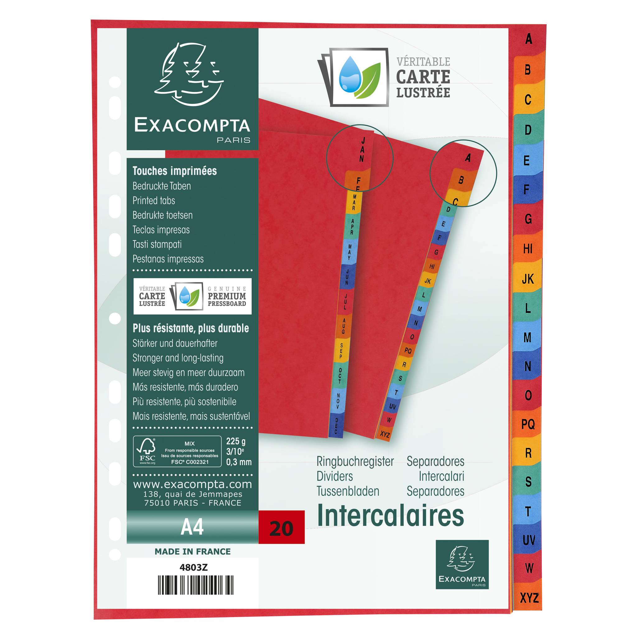Exacompta 5x Register + A4, Karton, 225g, 20 Taben, Taben A-Z, sortiert, 4803Z