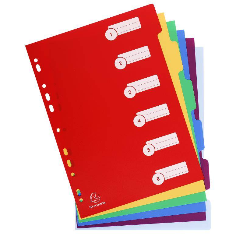 Exacompta 25x Register A4 aus festem PP 350µ, blanko, 6-teilig, sortiert, 4906E