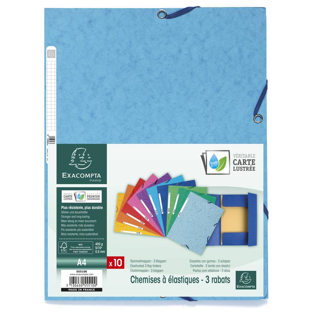 Exacompta 50x Sammelmappe +Gummizug 3 Klappen Etikett Karton A4 sortiert 55510E