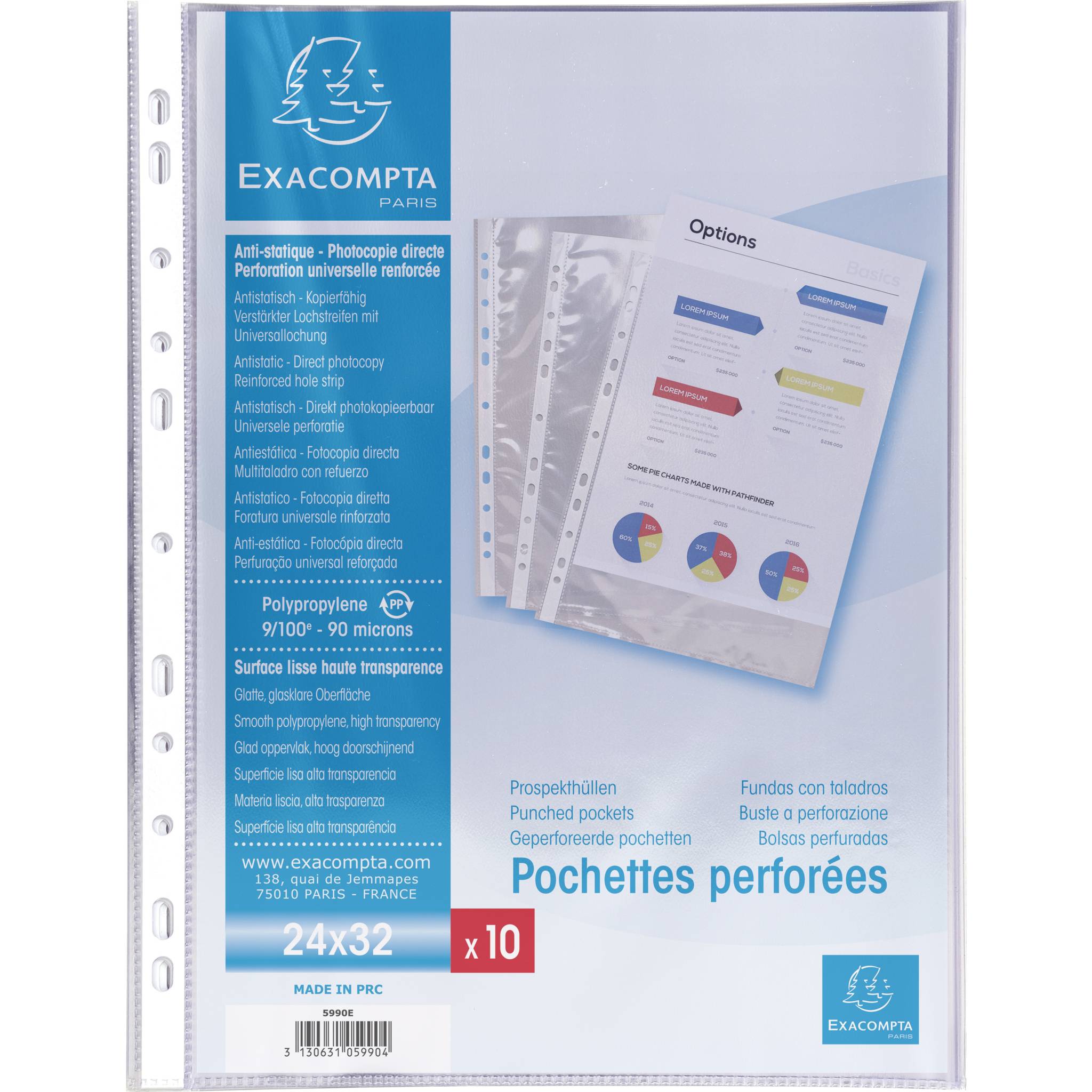 Exacompta 10x 10 Prospekthüllen gelocht glatt PP oben geöffnet Kristall 5990E