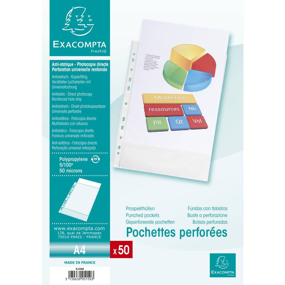 Exacompta 20x Pack 50 Prospekthüllen gelocht genarbtem PP 50µ A4 Kristall 5150E