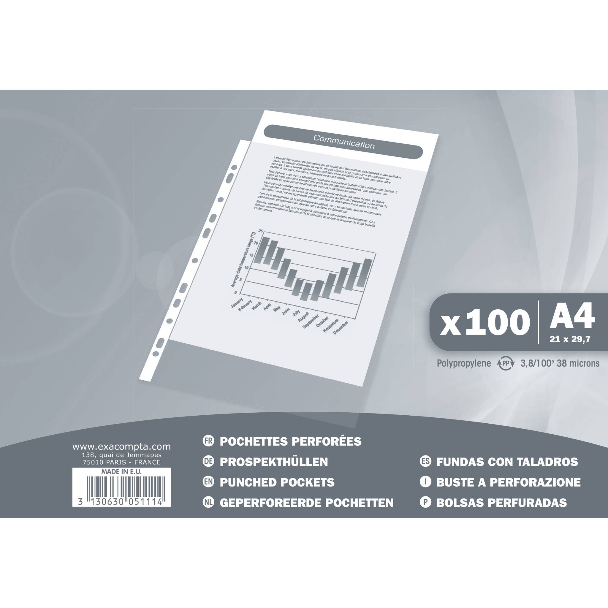 Exacompta 10x Pack 100 Prospekthüllen aus PP 40µ, gekörnt - DIN A4 - 5111E