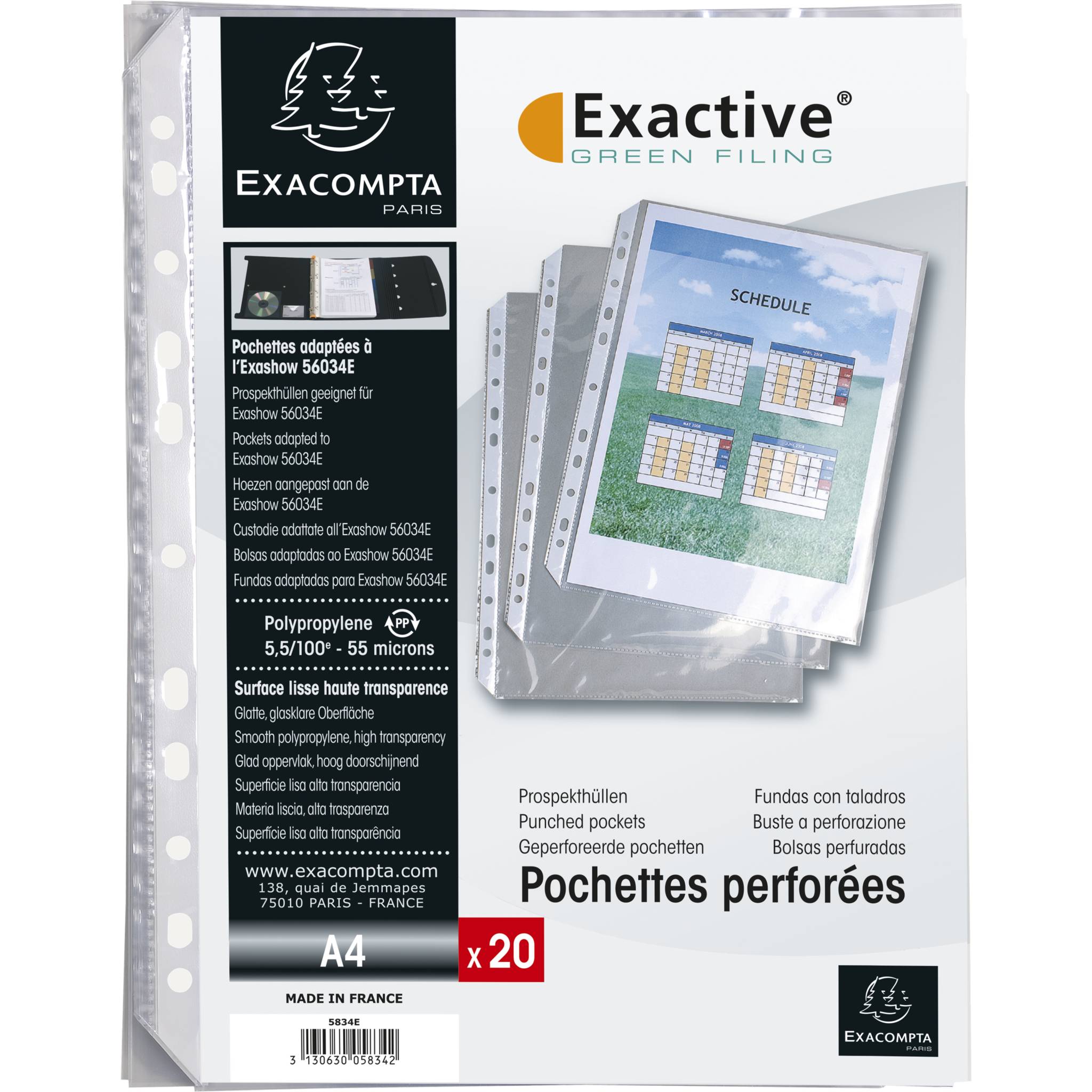 Exacompta 5x 20 Prospekthüllen für das Ringbuch Exashow PP 55µ A4 Kristall 5834E