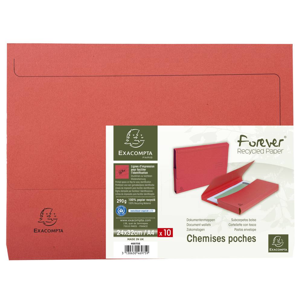 Exacompta 10x Pack 10 Aktenmappe, Verschlußkappe, RC Kart., A4, Rot, 46975E