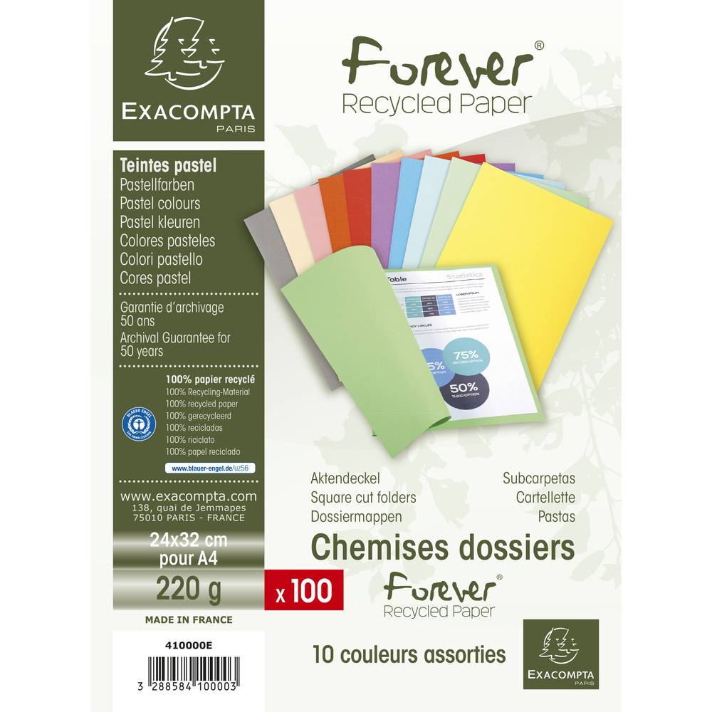 Exacompta 5x Pack 100 Aktendeckeln Recycling 220g A4 - sortiert - 410000E
