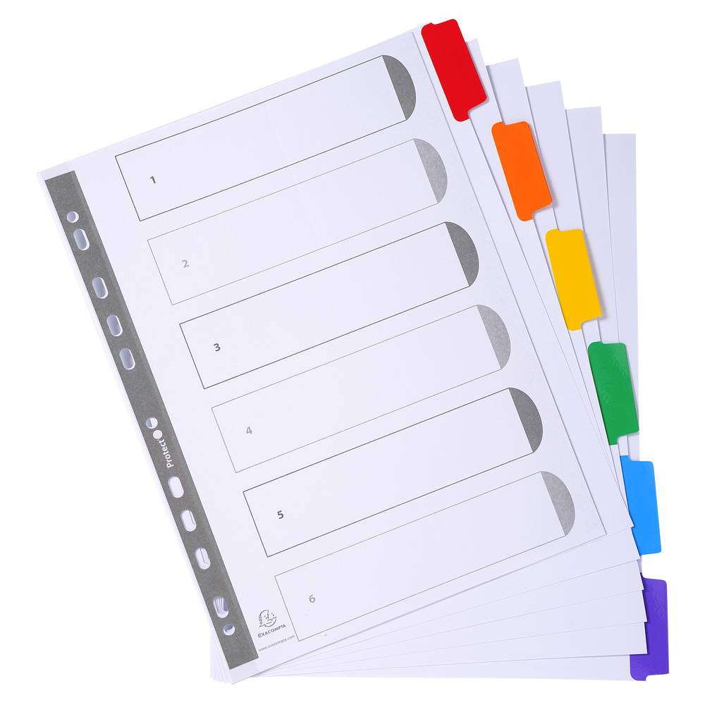 Exacompta 20x Register weißem Karton 160g, 6 farbige Taben, A4 Maxi, Weiß, 4306E