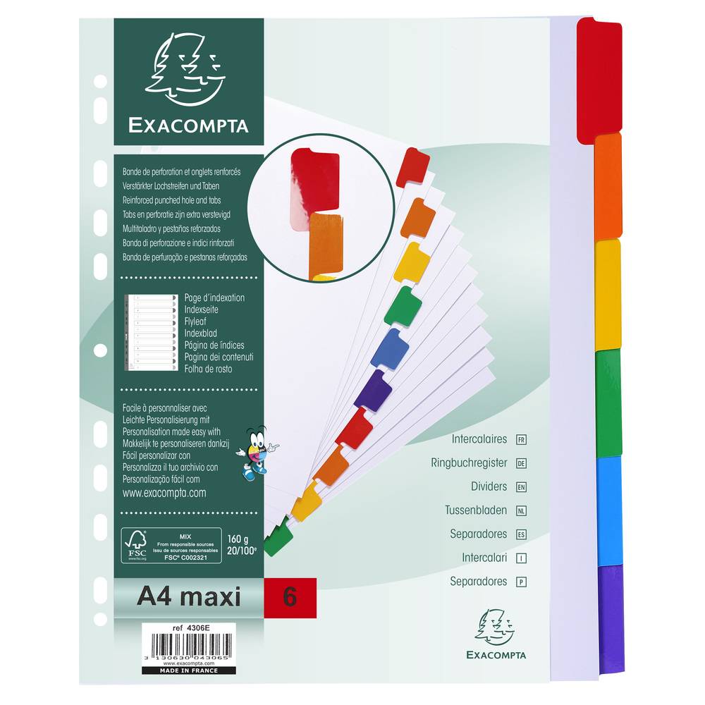 Exacompta 20x Register weißem Karton 160g, 6 farbige Taben, A4 Maxi, Weiß, 4306E