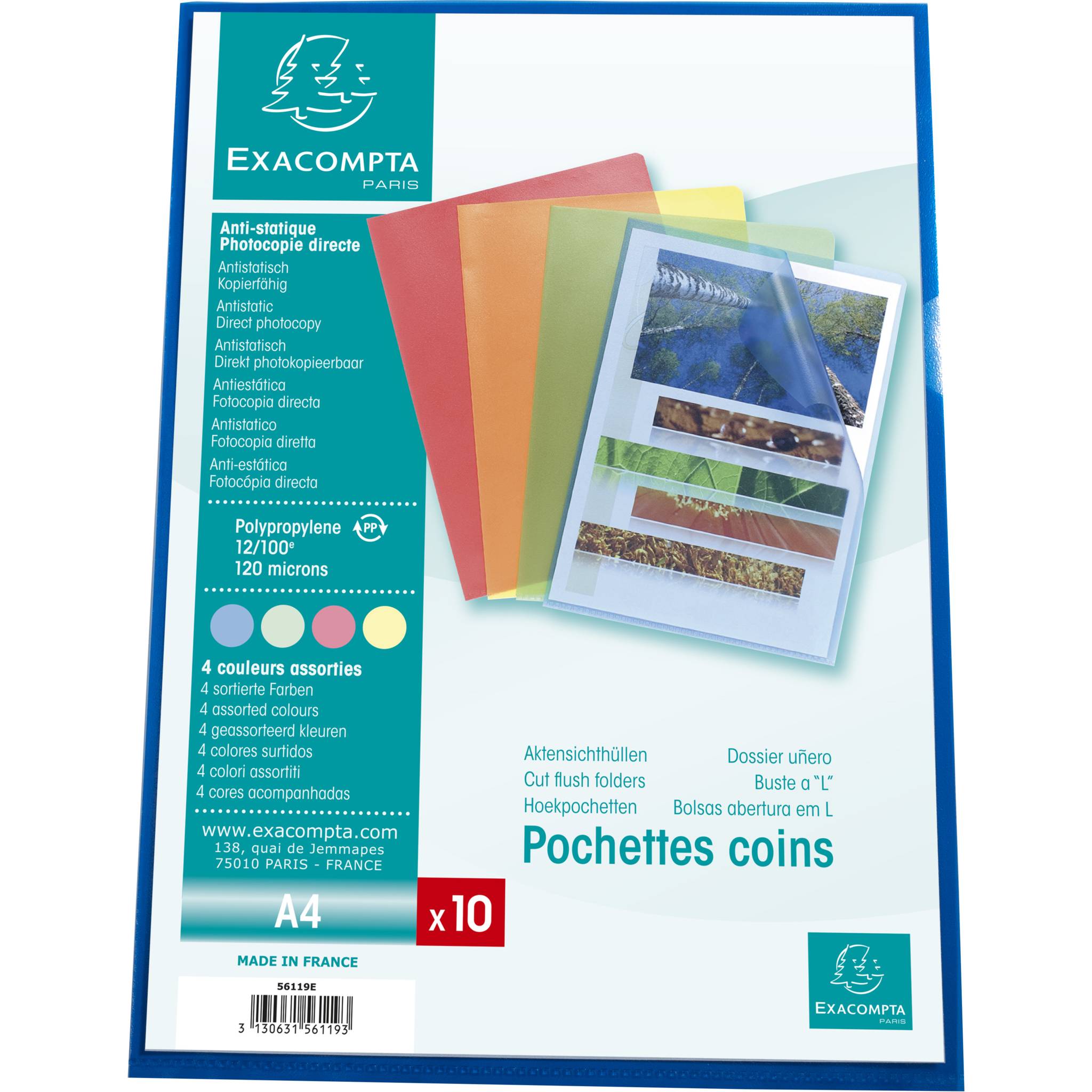 Exacompta 10x Pack 10 Aktensichthüllen genarbtem PP 120µ, A4, sortiert, 56119E