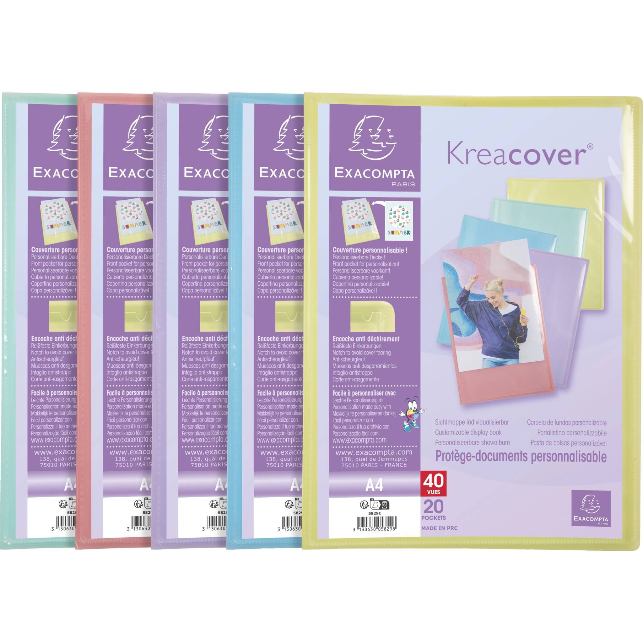Exacompta 20x Sichtmapppen A4, PP, 20 Hüllen, Kreacover Pastell, sortiert, 5829E