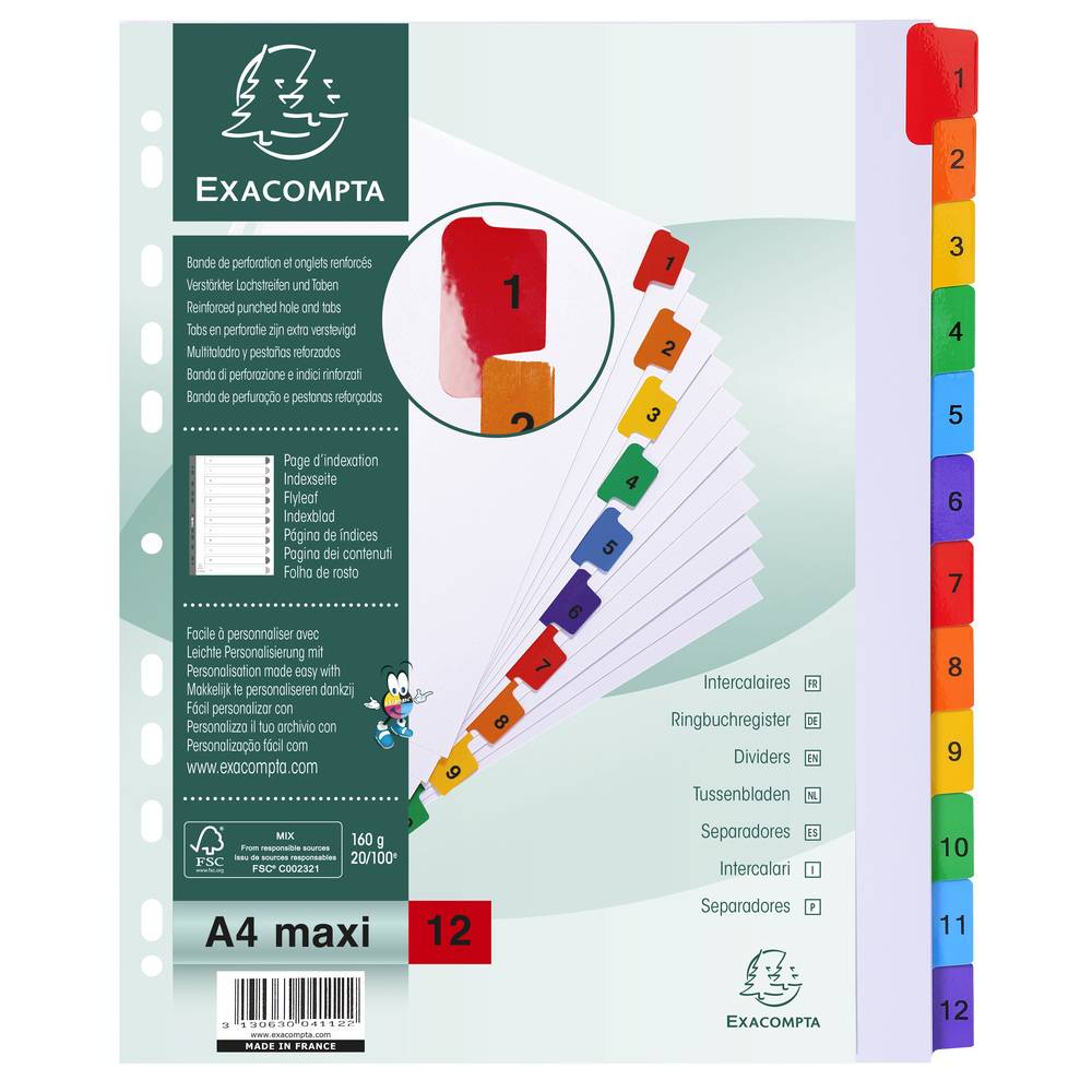 Exacompta 20x Register numerisch Karton 160g/qm 12 Taben 1-12 A4 Maxi Weiß 4112E