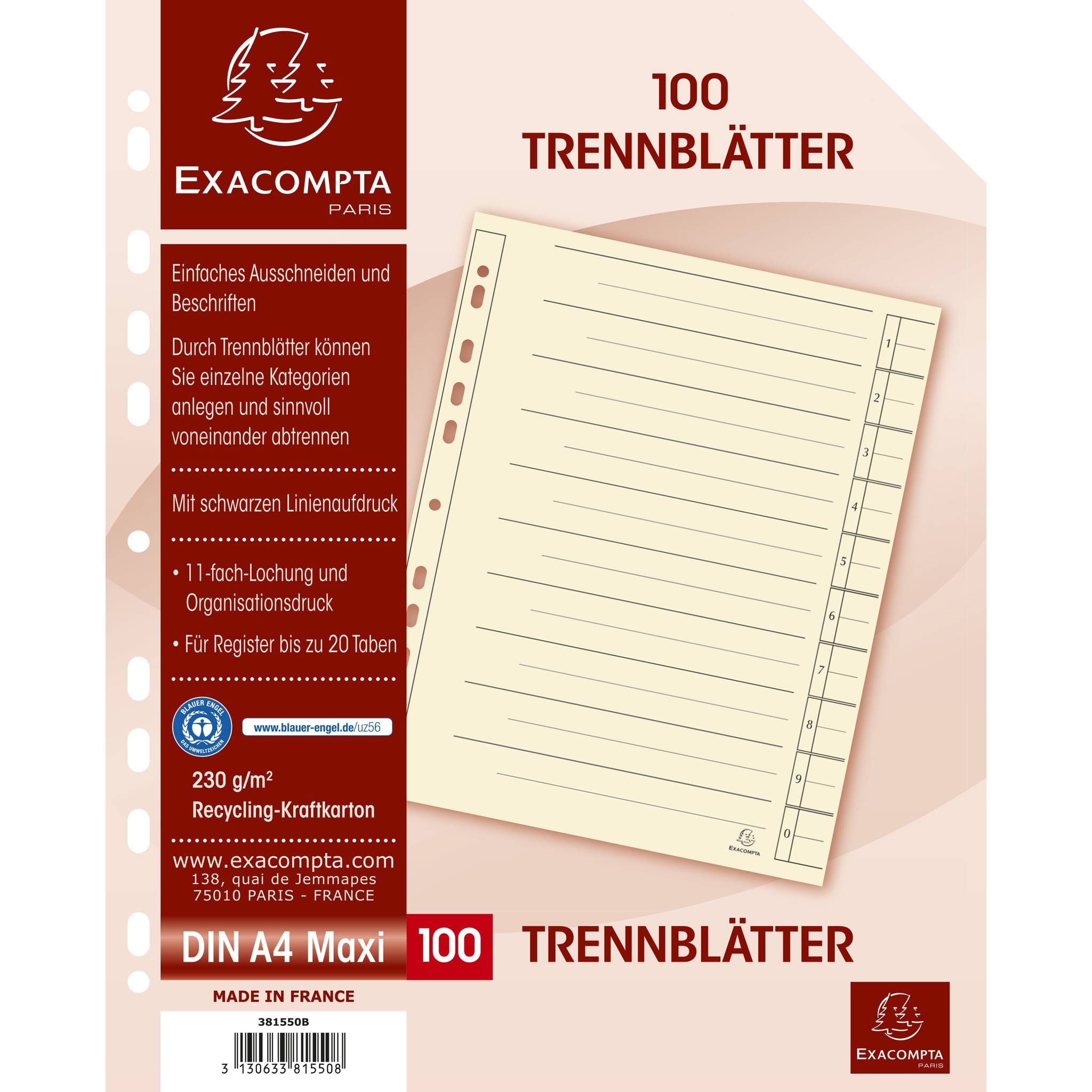 Exacompta 100x Trennblätter 24 x 30cm 230g/m2 100er Poly Chamois 381550B