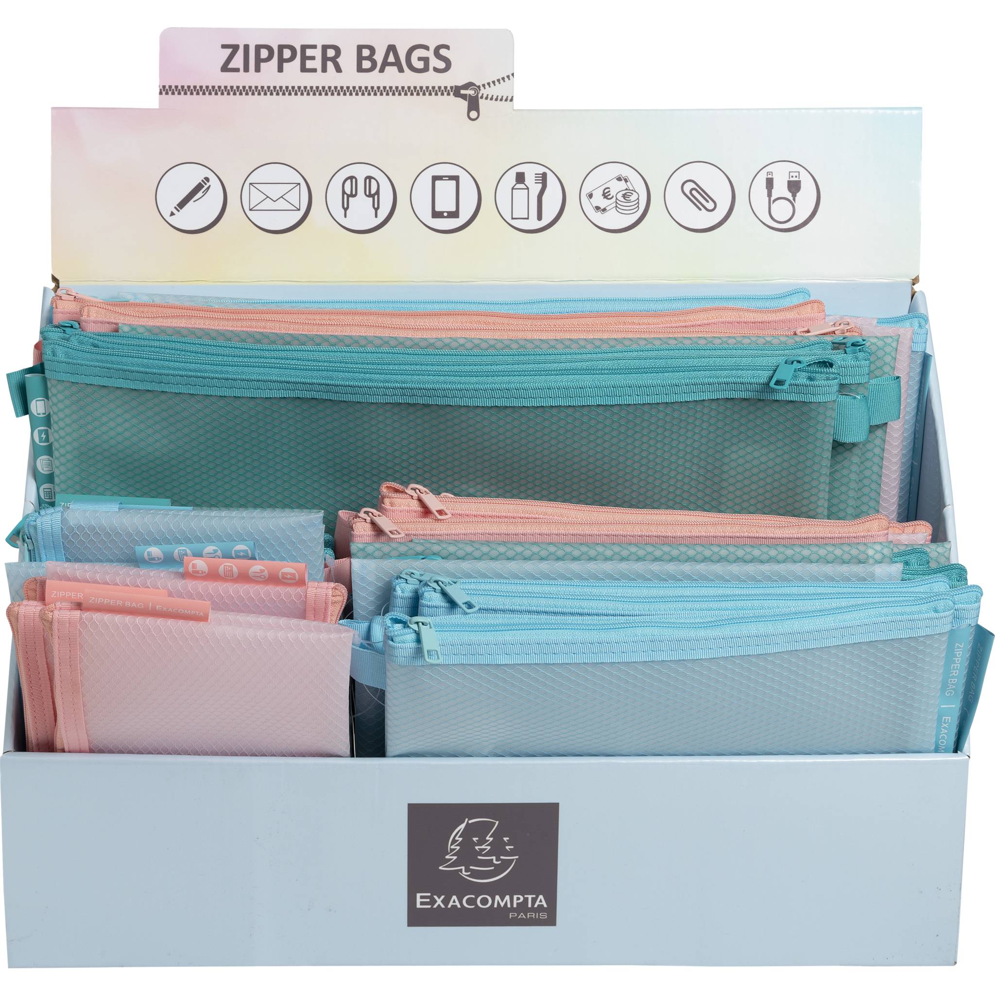 Exacompta 37110E Display mit 36 Hüllen mit Reißverschluss, A4-A5-A6, Chromaline Pastell - Farben sortiert