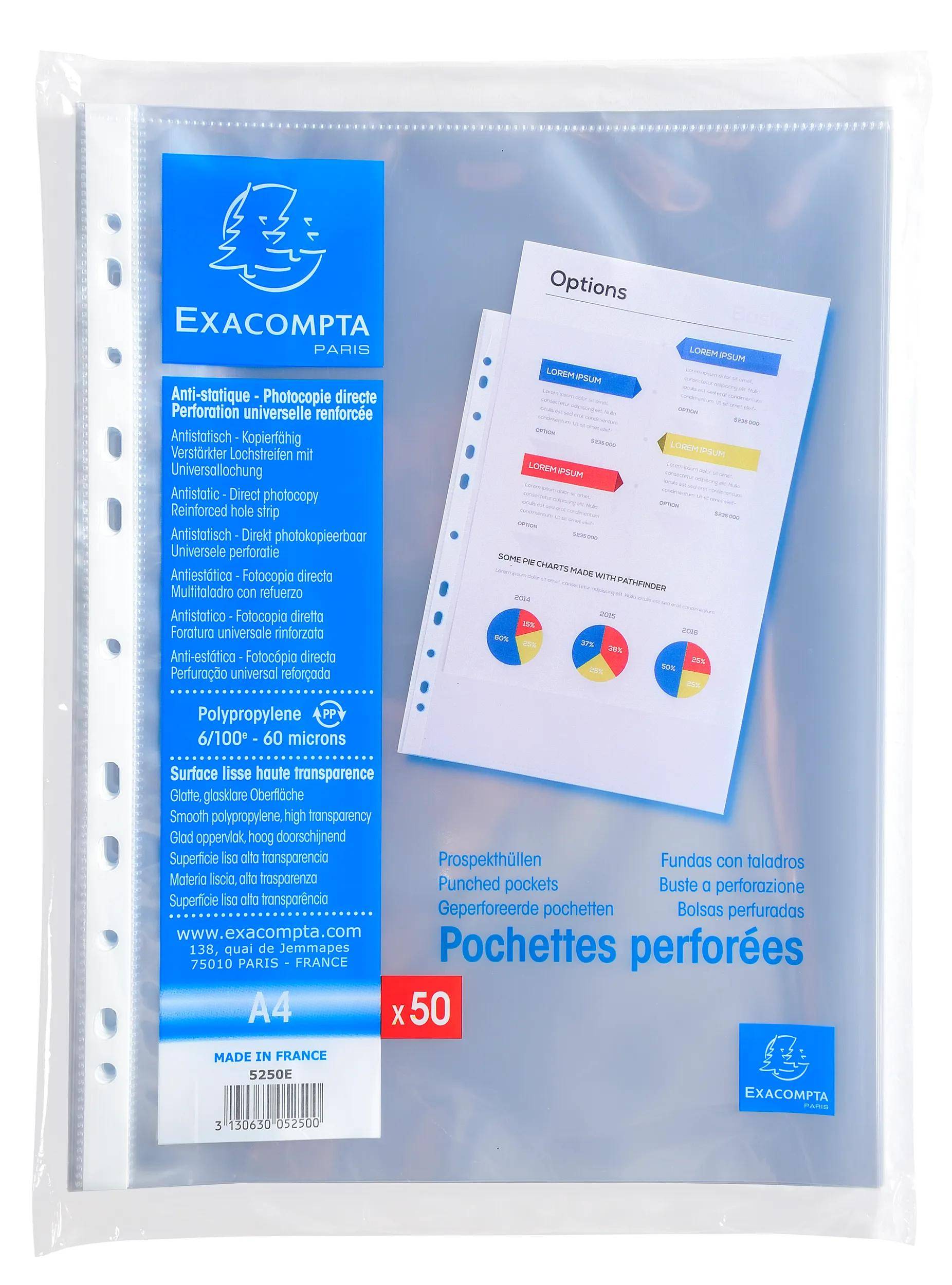 Exacompta 20x Pack 50 Prospekthüllen A4, glattem PP 60µ, Kristall, 5250E