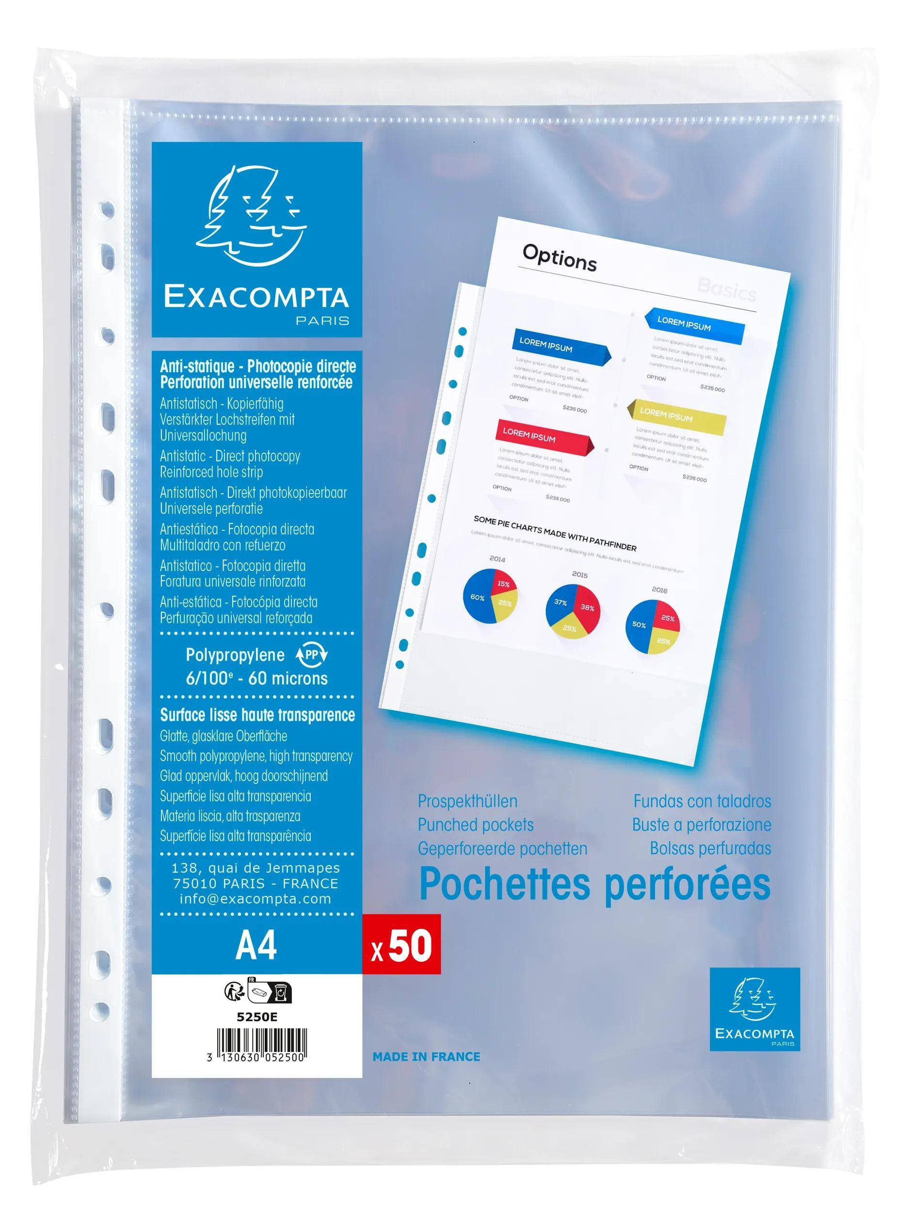 Exacompta 20x Pack 50 Prospekthüllen A4, glattem PP 60µ, Kristall, 5250E