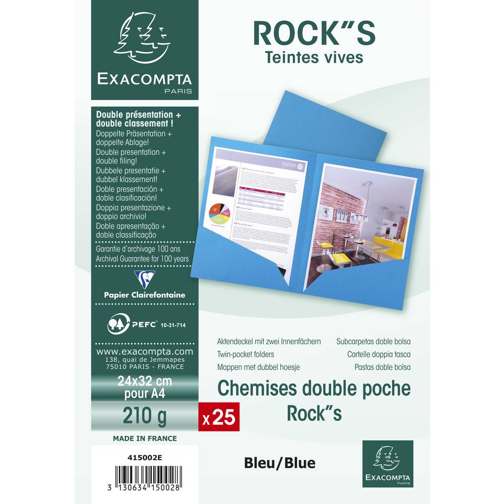 Exacompta 10x Pack 25 Aktenmappe, 2 Innenfächer, A4 oder A3, Blau, 415002E