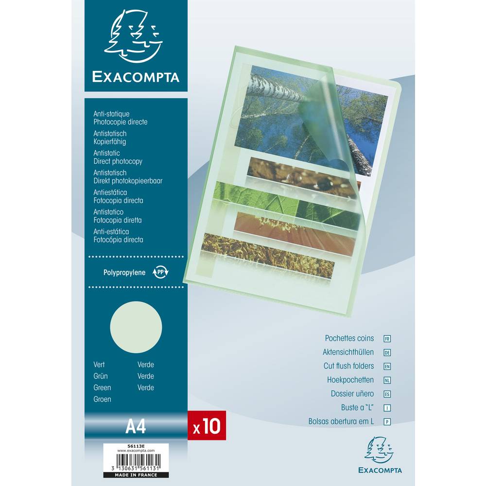 Exacompta 10x Pack 10 Aktensichthüllen genarbtem PP 120µ, A4, Grün, 56113E