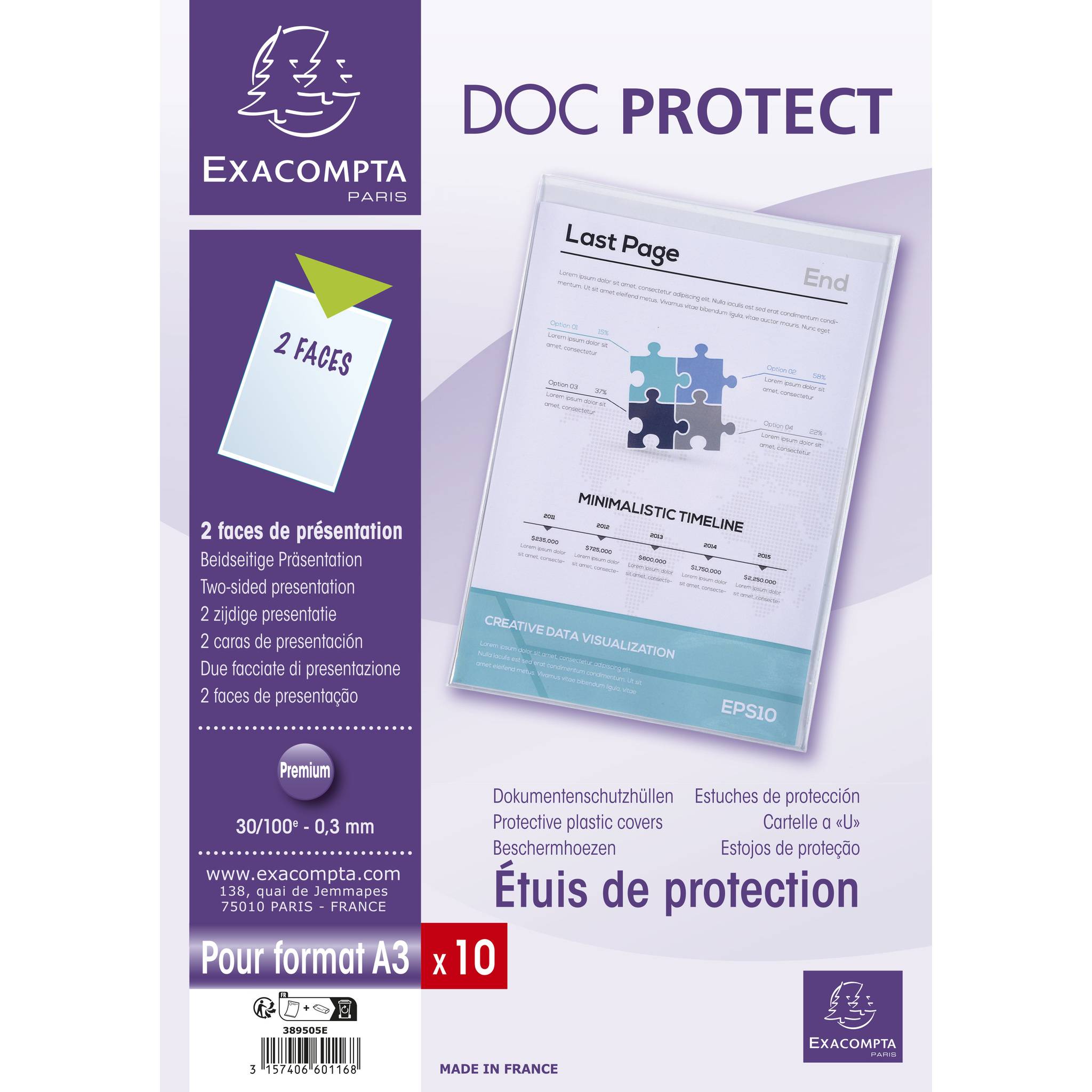 Exacompta 2x 10 Stück Schutzhüllen einfach Qualitäts-PVC A3 Kristall 389505E