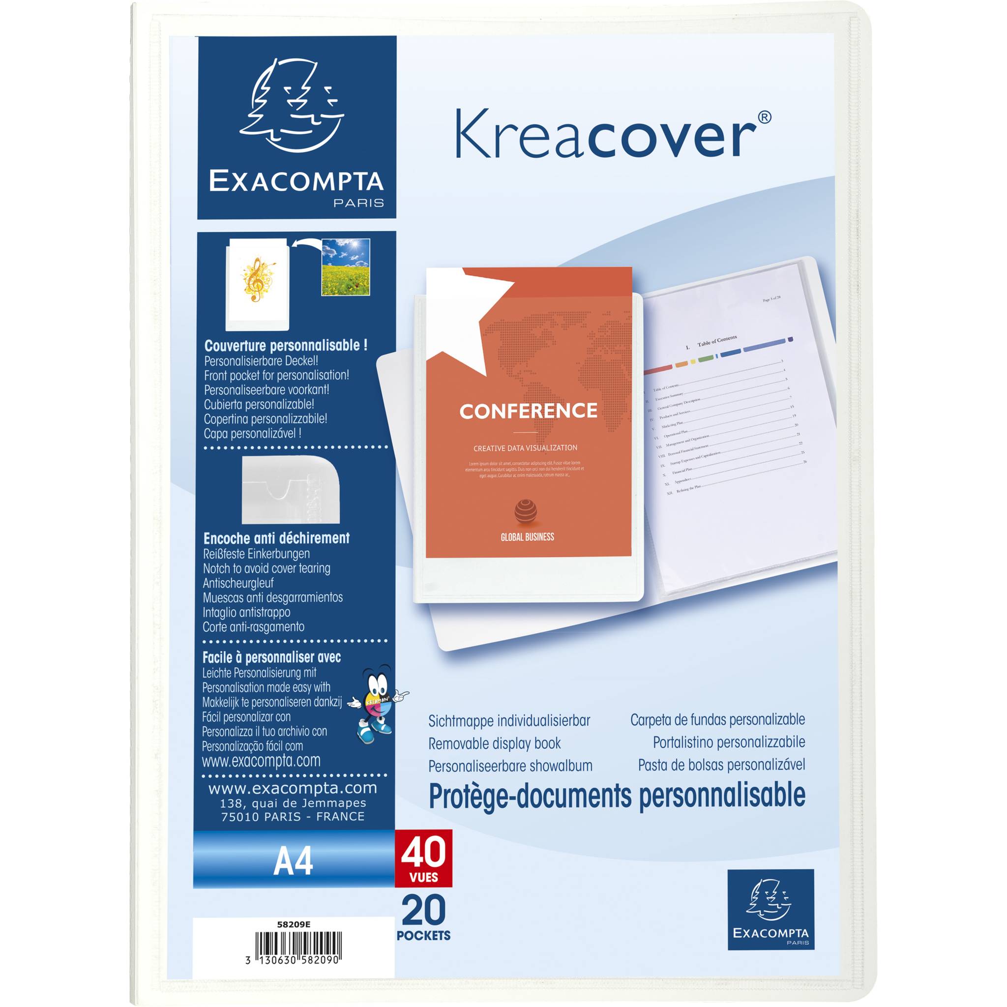 Exacompta 20x Sichtmappe festem PP 800µ + 20 Hüllen Kreacover, A4, Weiß, 58209E
