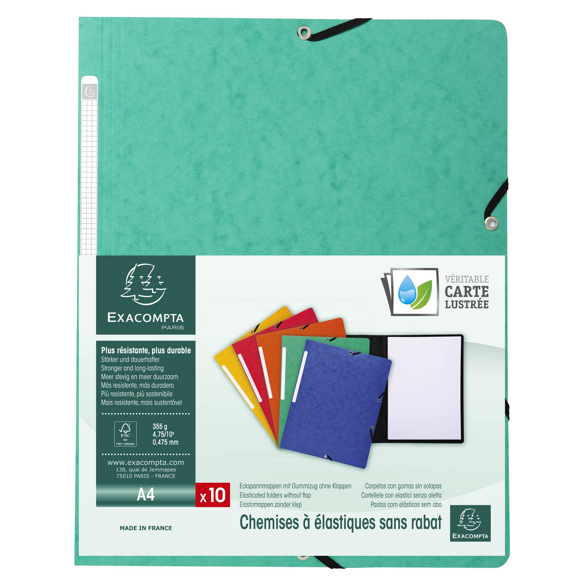 Exacompta 50x Eckspannmappe + Gummizug ohne Klappen, Karton, A4, Grün, 55413E