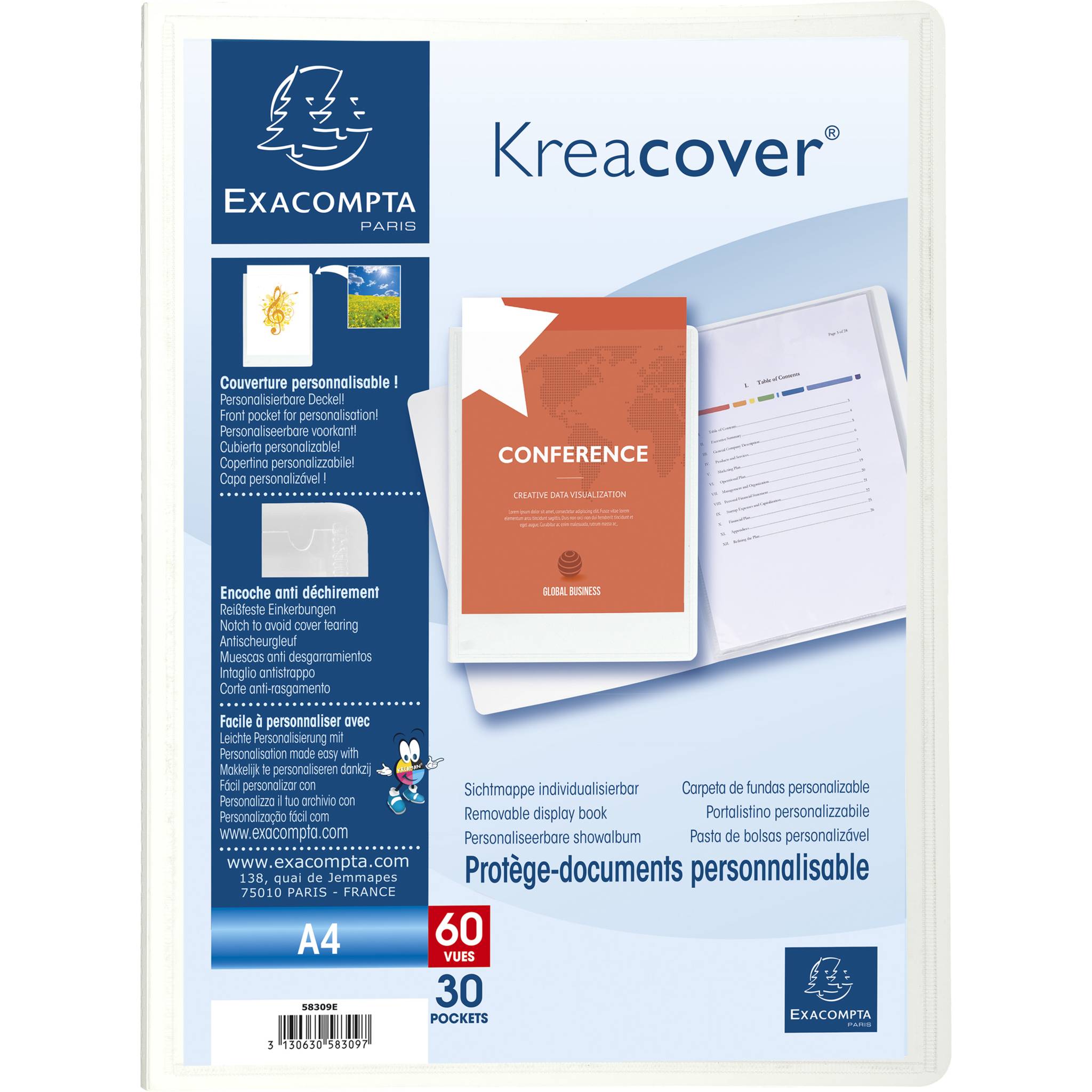 Exacompta 12x Sichtmappe festem PP 800µ + 30 Hüllen Kreacover, A4, Weiß, 58309E