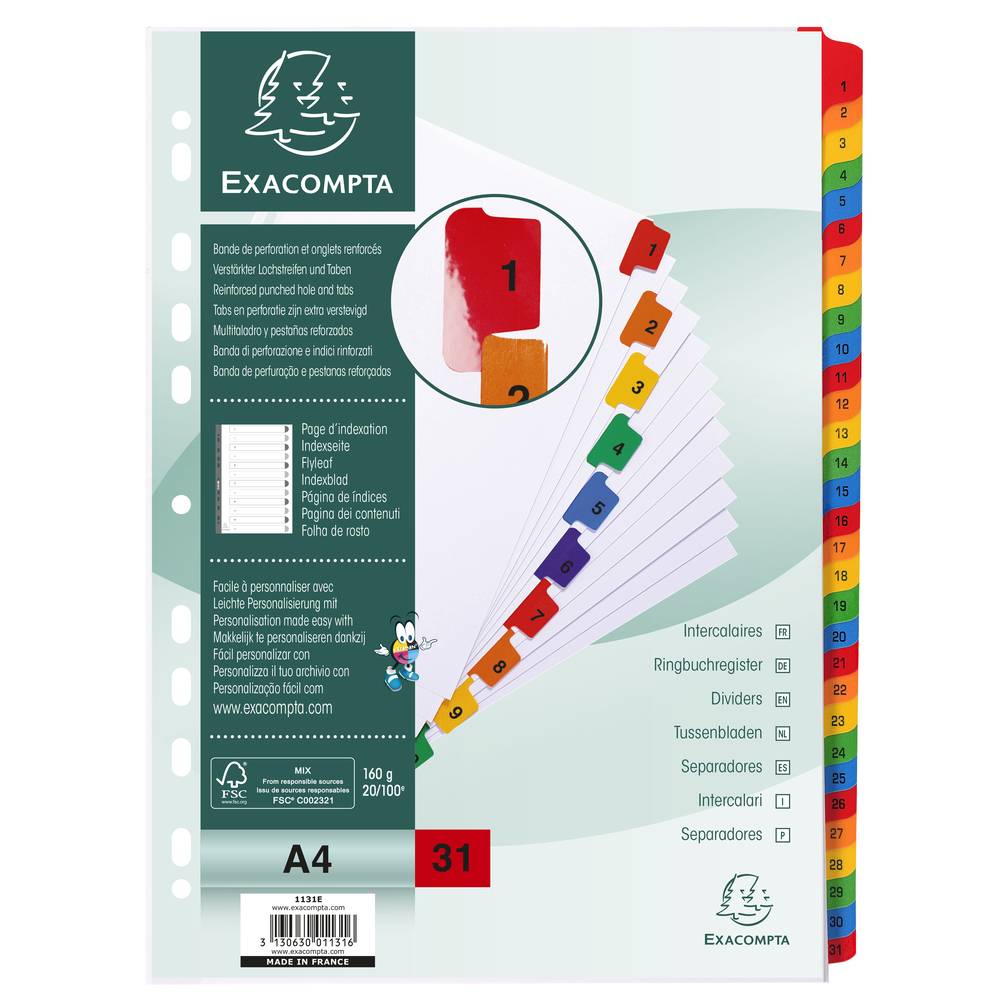 Exacompta 10x Register numerisch Karton 160g/qm 31 Taben 1-31 A4 Weiß 1131E