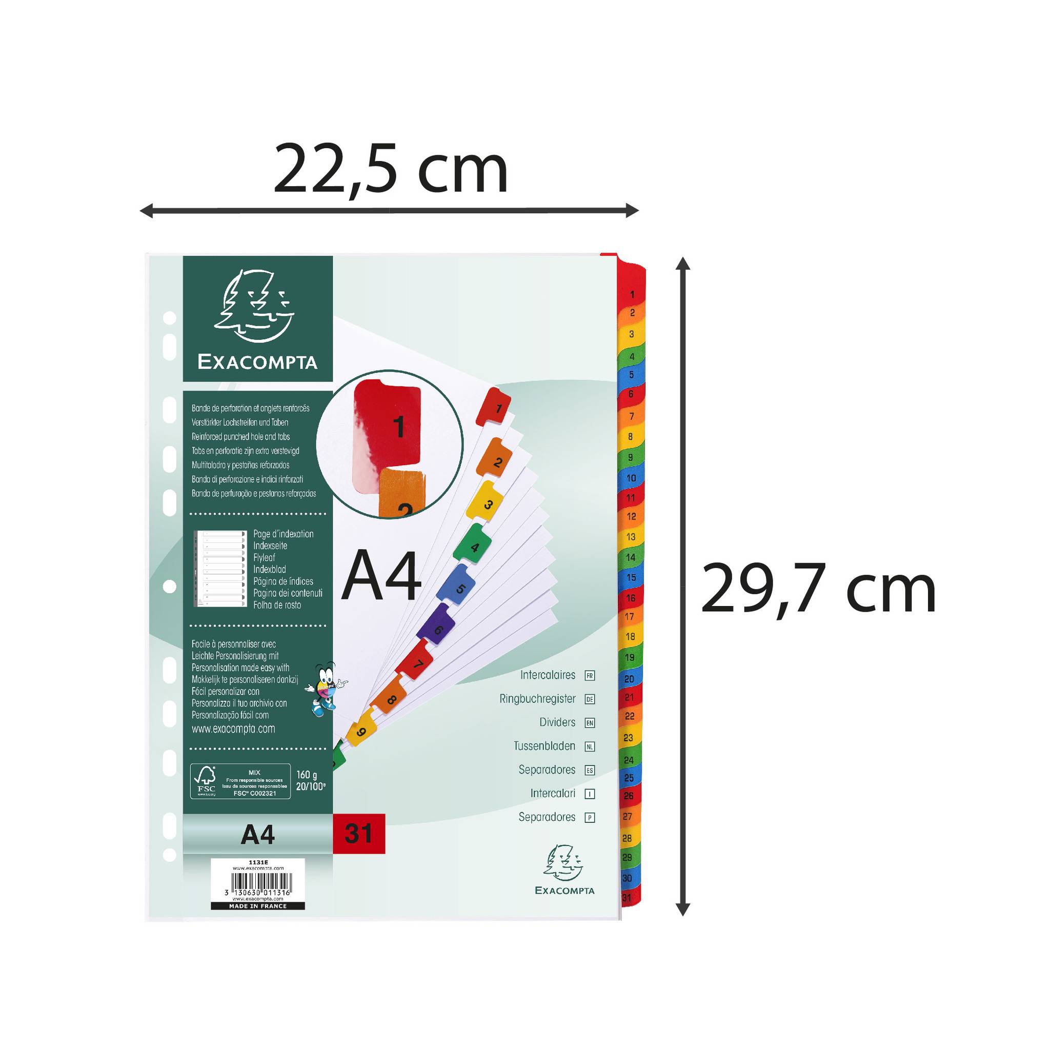 Exacompta 10x Register numerisch Karton 160g/qm 31 Taben 1-31 A4 Weiß 1131E