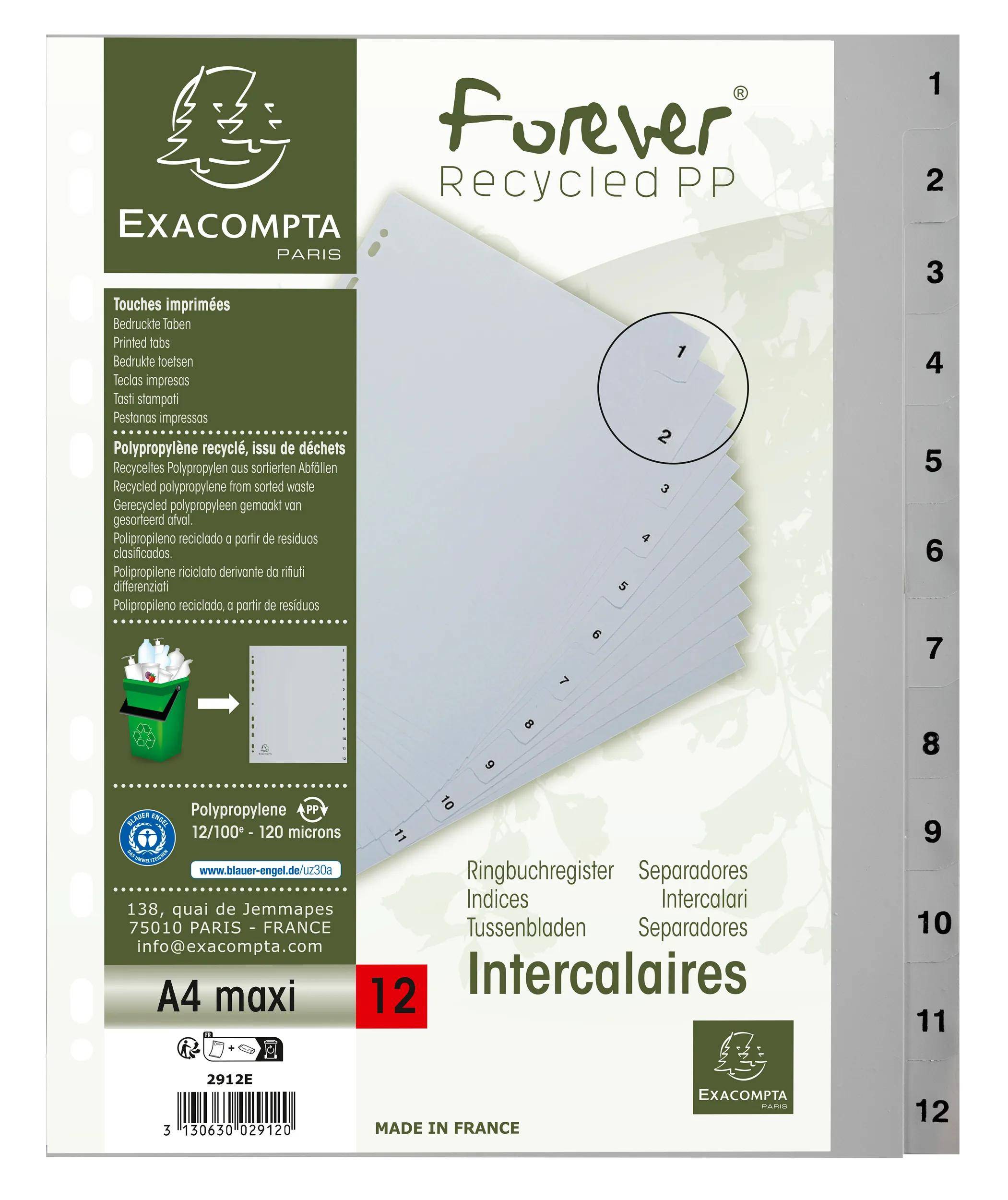 Exacompta 10x Register A4 grauem RC-PP 120µ Taben 1-12 12 Positionen Grau 2912E