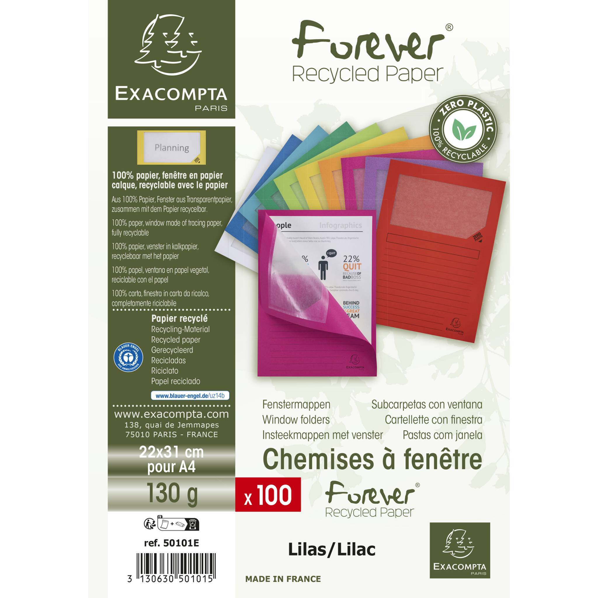 Exacompta 4x Pack 100 Fenstermappen, A4, 160g, plastikfrei, Flieder, 50101E