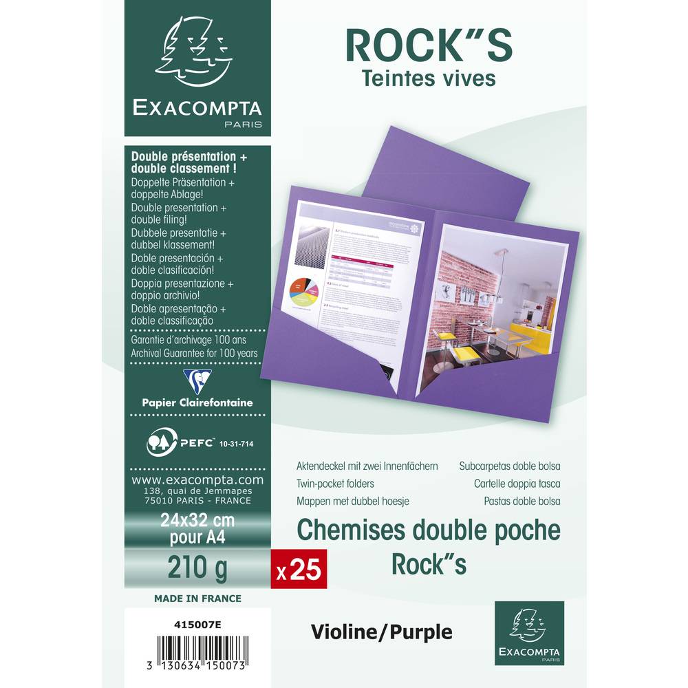 Exacompta 10x Pack 25 Aktenmappe, 2 Innenfächer, A4 oder A3, Lila, 415007E